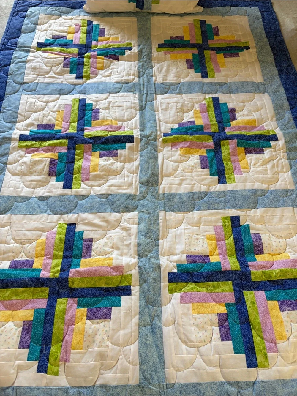 Vintage Handmade Patchwork Quilt with Blue, Green, Purple, Yellow Accents